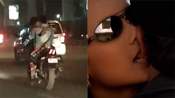 ನಡುರಸ್ತೆಯಲ್ಲೆ ಫಿಲ್ಮಿ ಸ್ಟೈಲ್ನಲ್ಲಿ ಬೈಕಿನ ಮೇಲೆ ಪ್ರೇಮಿಗಳ ಲವ್ವಿ-ಡವ್ವಿ