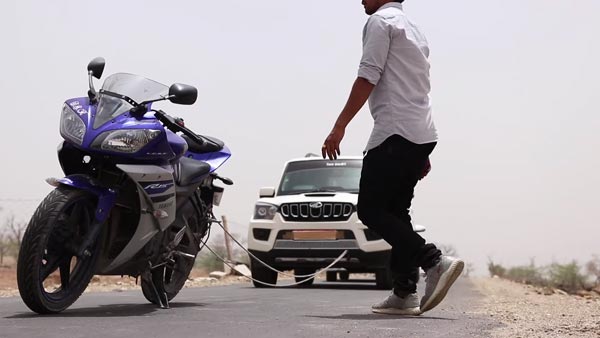 ಎರಡೂವರೆ ಟನ್ ತೂಕದ ಸ್ಕಾರ್ಪಿಯೋ ಕಾರನ್ನು ಸಲೀಸಾಗಿ ಎಳೆದ ಆರ್15 ಬೈಕ್..!