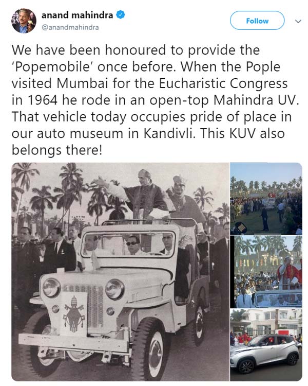 ಮಹೀಂದ್ರಾ ಕಾರಿನಲ್ಲಿ ಸಂಚರಿಸಿದ ಪೋಪ್ ಫ್ರಾನ್ಸಿಸ್