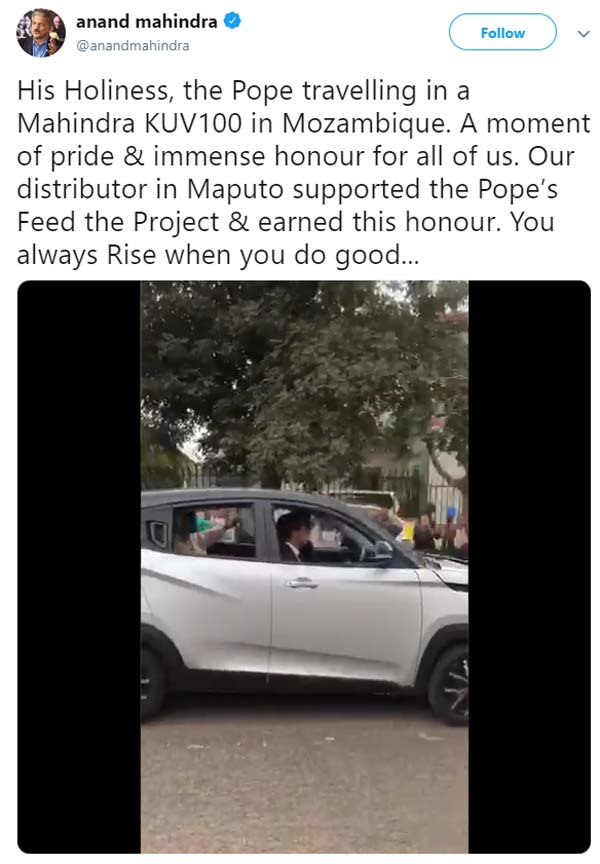 ಮಹೀಂದ್ರಾ ಕಾರಿನಲ್ಲಿ ಸಂಚರಿಸಿದ ಪೋಪ್ ಫ್ರಾನ್ಸಿಸ್