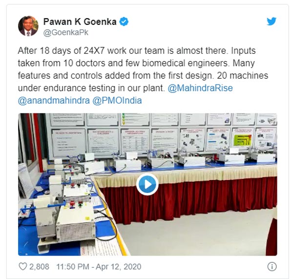 ಅತಿ ಕಡಿಮೆ ಬೆಲೆಯಲ್ಲಿ 'ಏರ್ 100' ವೆಂಟಿಲೆಟರ್ ಪರಿಚಯಿಸಿದ ಮಹೀಂದ್ರಾ