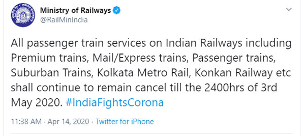 ಮೇ 3ರವರೆಗೆ ರೈಲುಗಳ ಸಂಚಾರ ರದ್ದು
