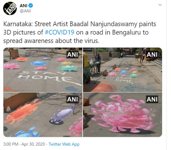 ಕರೋನಾ ವೈರಸ್ ಕುರಿತು ವಿಶೇಷ ಜಾಗೃತಿ ಮೂಡಿಸಿದ ಕಲಾವಿದ ಬಾದಲ್ ನಂಜುಂಡಸ್ವಾಮಿ