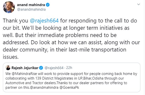 ಲಾಕ್ಡೌನ್ ಸಂಕಷ್ಟ- ವಲಸೆ ಕಾರ್ಮಿಕರ ಸಹಾಯಕ್ಕೆ ಧಾವಿಸಿದ ಮಹೀಂದ್ರಾ