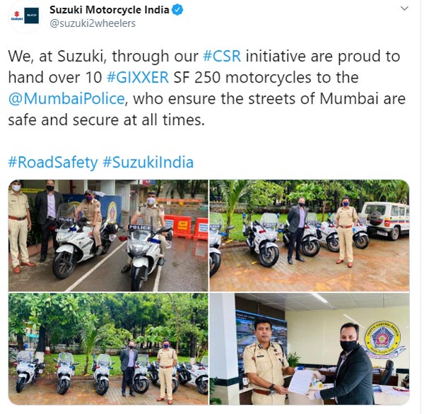 ಮುಂಬೈ ಪೊಲೀಸರಿಗೆ ಮಾಡಿಫೈಗೊಳಿಸಿದ ಬೈಕ್ ನೀಡಿದ ಸುಜುಕಿ