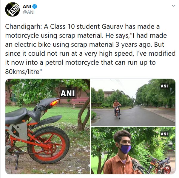 ಸ್ಕ್ರಾಪ್ ಮೆಟಿರಿಯಲ್ಗಳಿಂದ ಬೈಕ್ ತಯಾರಿಸಿದ 10ನೇ ತರಗತಿ ವಿದ್ಯಾರ್ಥಿ