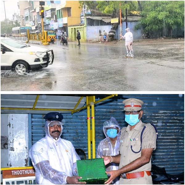 ಸುರಿಯುವ ಮಳೆಯಲ್ಲಿಯೇ ನಾಲ್ಕು ಗಂಟೆ ಕರ್ತವ್ಯ ನಿರ್ವಹಿಸಿದ ಸಂಚಾರಿ ಪೊಲೀಸ್