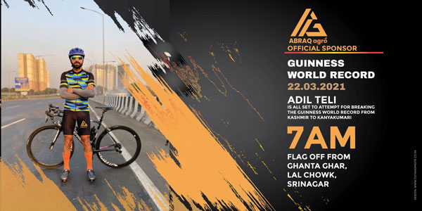 ಸೈಕಲ್'ನಲ್ಲಿ ಕಾಶ್ಮೀರದಿಂದ ಕನ್ಯಾಕುಮಾರಿವರೆಗೆ 8 ದಿನದಲ್ಲಿ ಚಲಿಸಿ ಹೊಸ ದಾಖಲೆ ಬರೆದ ಕಾಶ್ಮೀರಿ ಯುವಕ