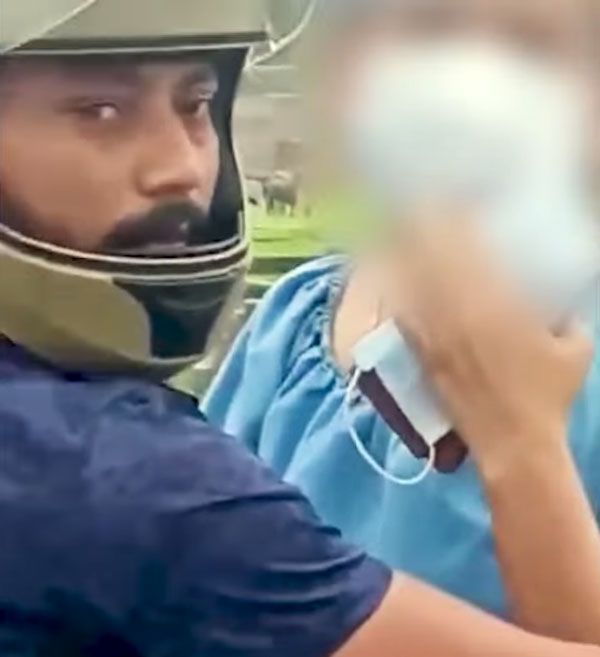 ಬೈಕಿನಲ್ಲಿ ಅಸಭ್ಯವಾಗಿ ಪ್ರಯಾಣಿಸುತ್ತಿದ್ದ ಜೋಡಿಗೆ ಛೀಮಾರಿ ಹಾಕಿದ ಸ್ಥಳೀಯರು