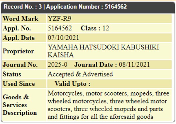 ಭಾರತದಲ್ಲಿ YZF-R9 ಹೆಸರಿಗಾಗಿ ಹೊಸ ಟ್ರೇಡ್ಮಾರ್ಕ್ ನೋಂದಾಯಿಸಿದ Yamaha