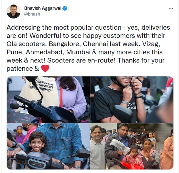 ವಿವಿಧ ನಗರಗಳಲ್ಲಿ ಎಲೆಕ್ಟ್ರಿಕ್ ಸ್ಕೂಟರ್ ವಿತರಣೆಯನ್ನು ಹೆಚ್ಚಿಸಿದ ಓಲಾ ಎಲೆಕ್ಟ್ರಿಕ್