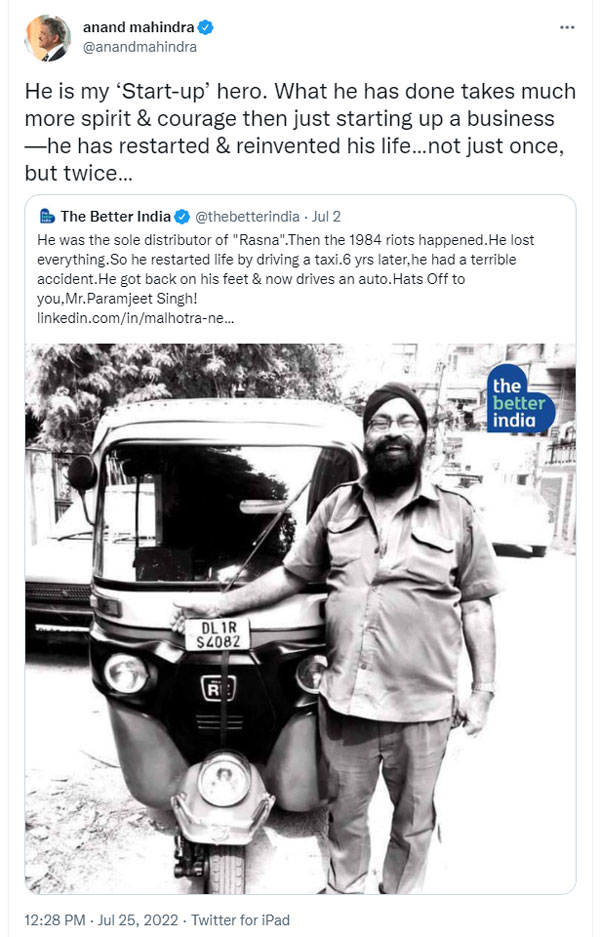 ಉದ್ಯಮಿ ಆಟೋ ಡ್ರೈವರ್ ಆದ ಕಥೆ: ಇವರೇ ನನ್ನ ‘ಸ್ಟಾರ್ಟ್-ಅಪ್ ಹೀರೋ’ ಎಂದ ಆನಂದ್ ಮಹೀಂದ್ರಾ