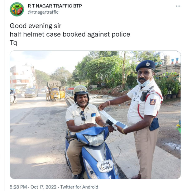 ಬೆಂಗಳೂರಿನಲ್ಲಿ ಎಲ್ಲರಿಗೂ ಒಂದೇ ನ್ಯಾಯ: ಹಾಫ್ ಹೆಲ್ಮೆಟ್ ಧರಿಸಿದ ಪೊಲೀಸ್ ಗೆ ಬಿತ್ತು ದಂಡ